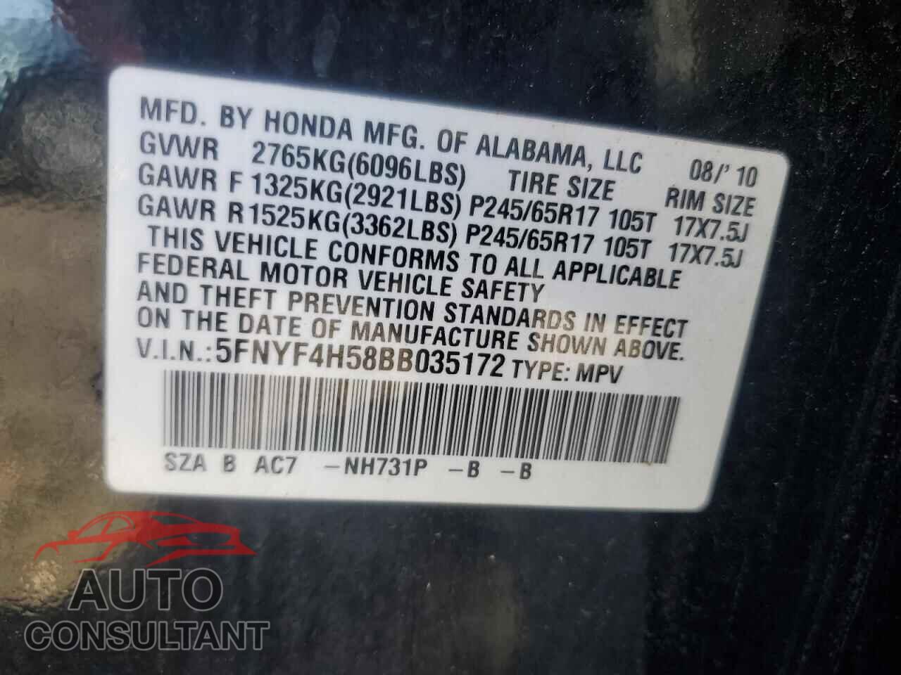 HONDA PILOT 2011 - 5FNYF4H58BB035172