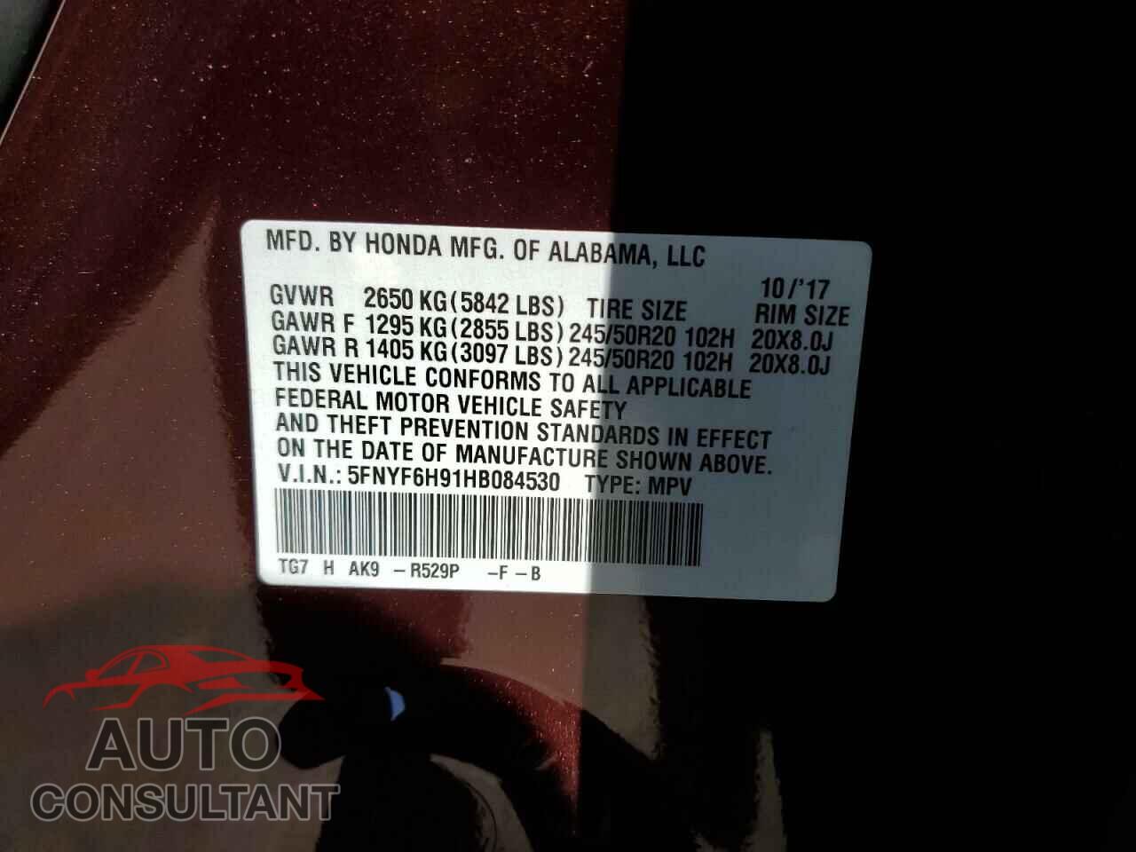 HONDA PILOT 2017 - 5FNYF6H91HB084530