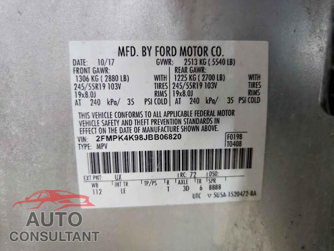 FORD EDGE 2018 - 2FMPK4K98JBB06820
