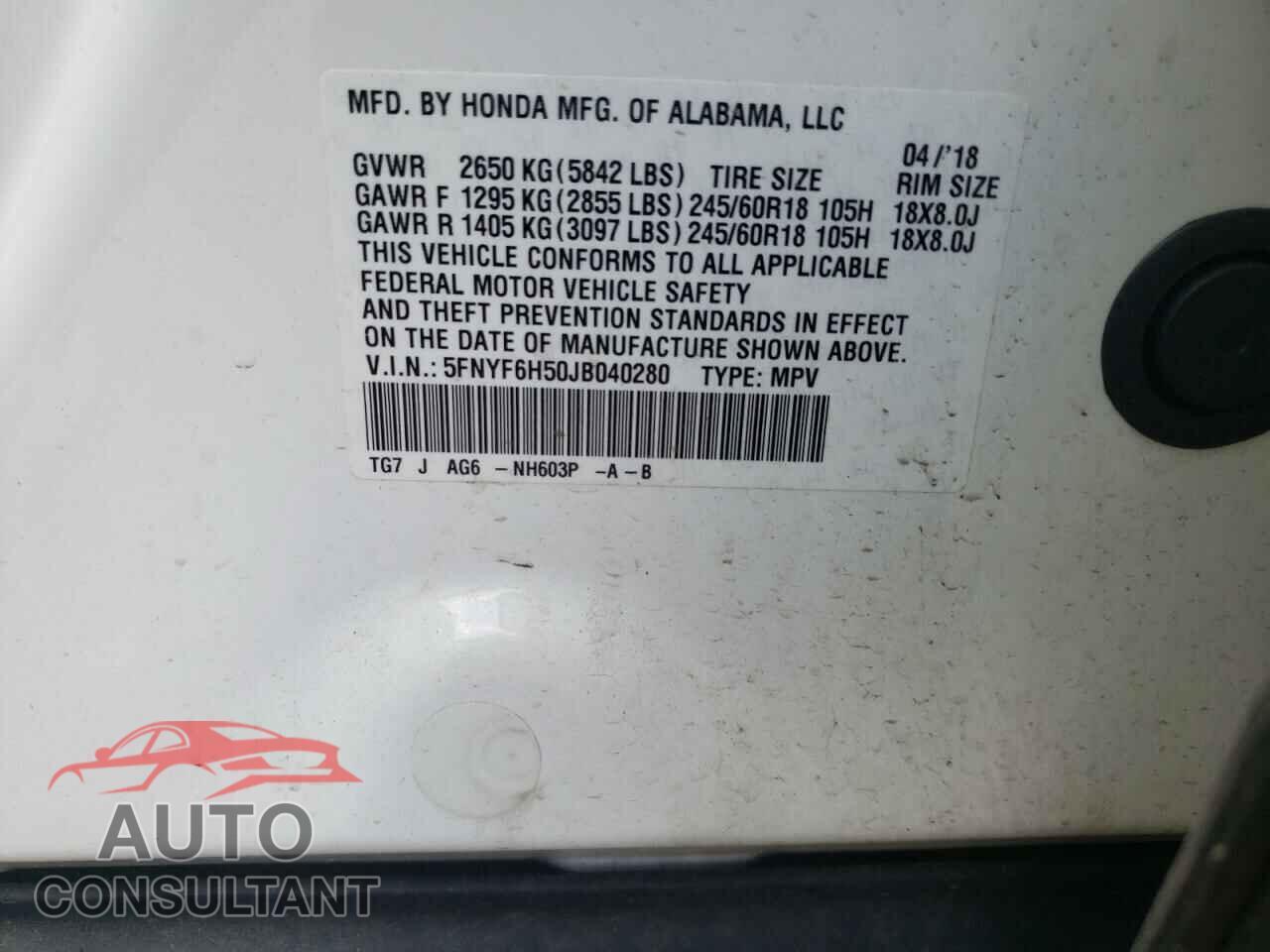 HONDA PILOT 2018 - 5FNYF6H50JB040280