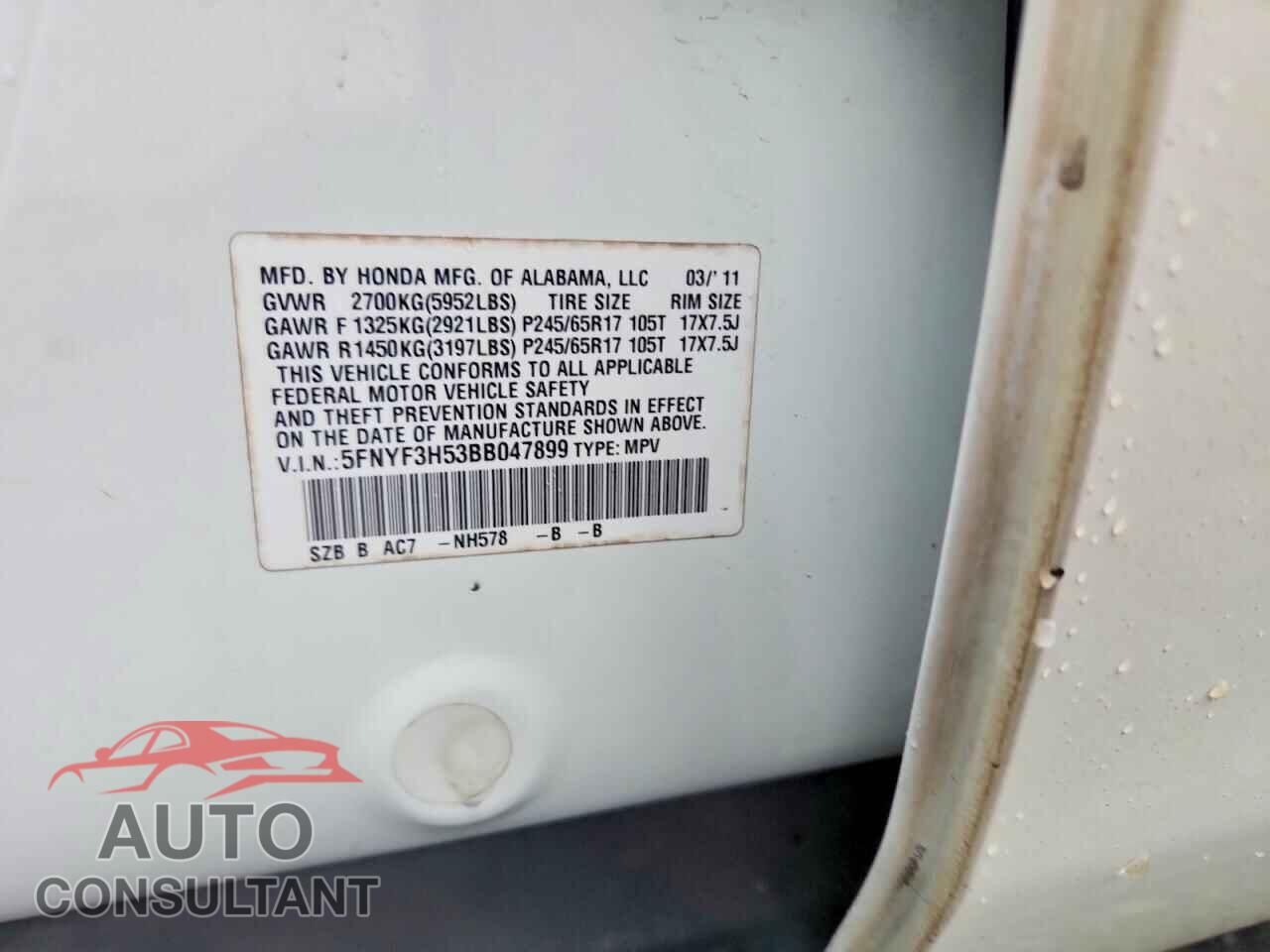 HONDA PILOT 2011 - 5FNYF3H53BB047899