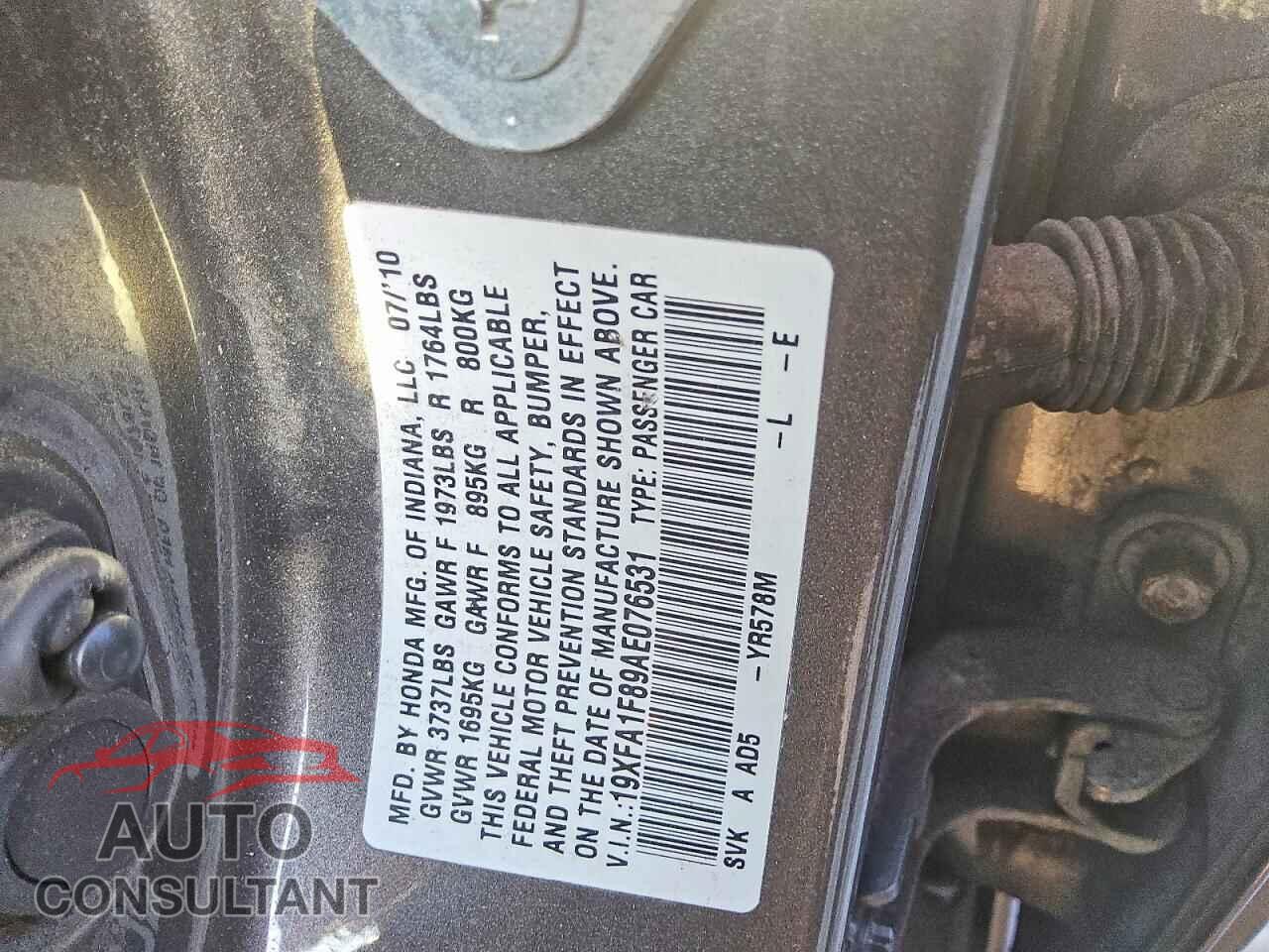 HONDA CIVIC 2010 - 19XFA1F89AE076531