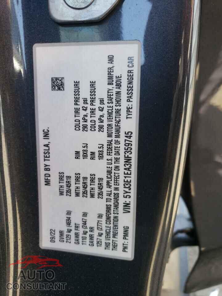 TESLA MODEL 3 2022 - 5YJ3E1EA3NF359745