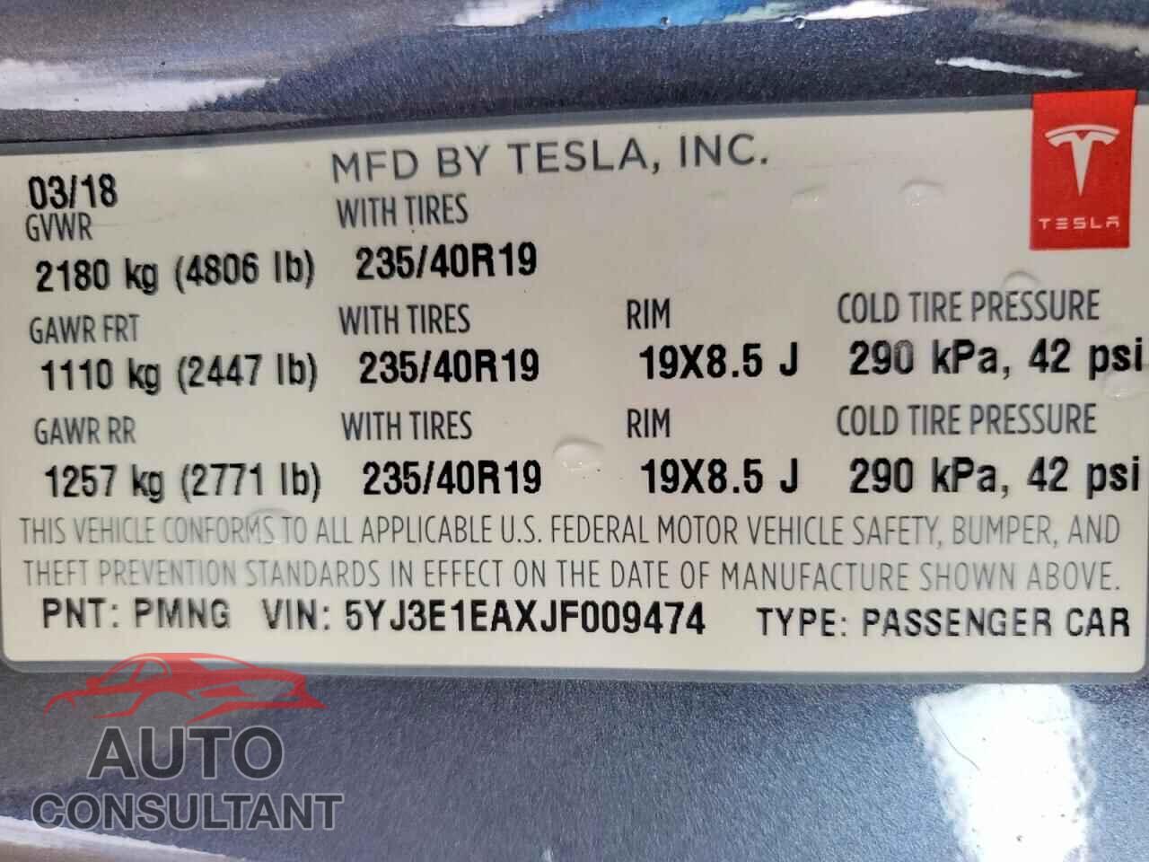 TESLA MODEL 3 2018 - 5YJ3E1EAXJF009474