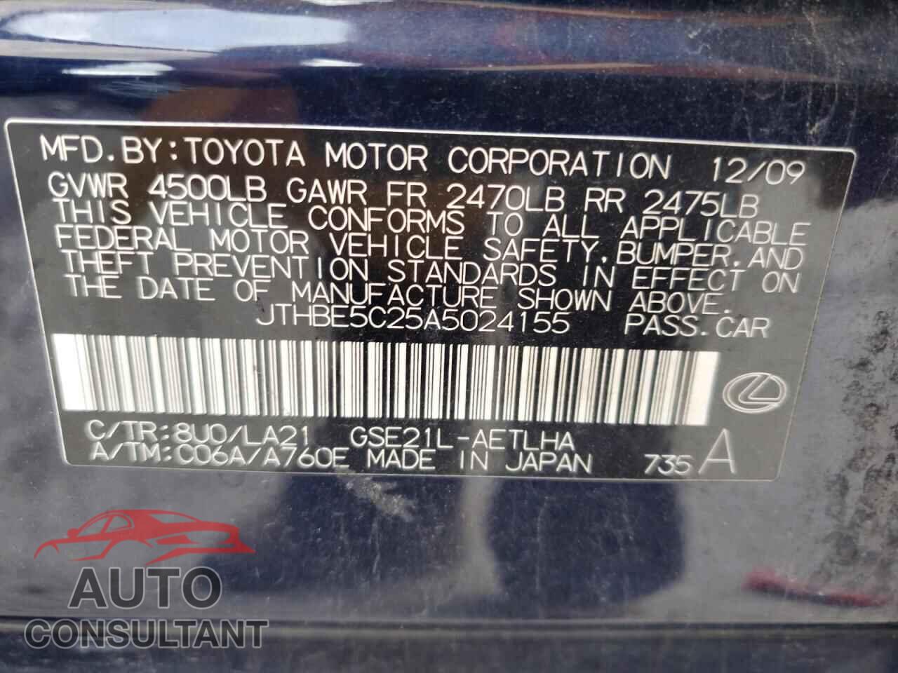 LEXUS IS 2010 - JTHBE5C25A5024155