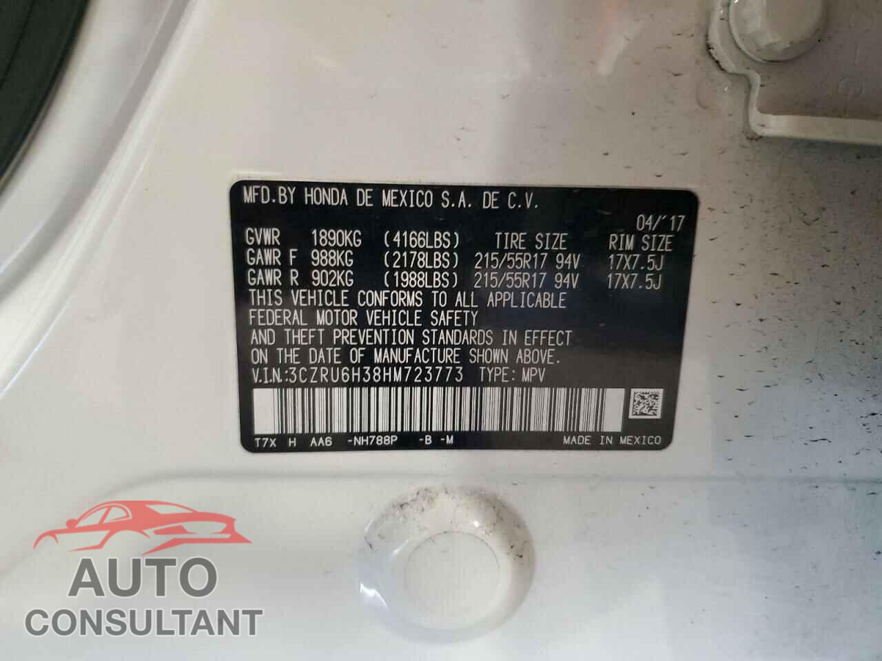 HONDA HR-V 2017 - 3CZRU6H38HM723773