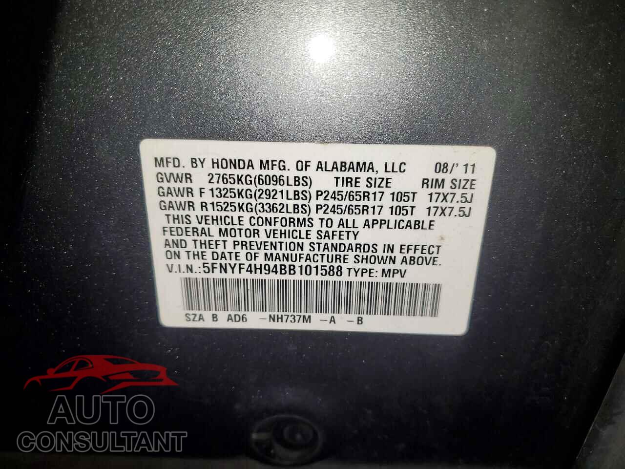 HONDA PILOT 2011 - 5FNYF4H94BB101588