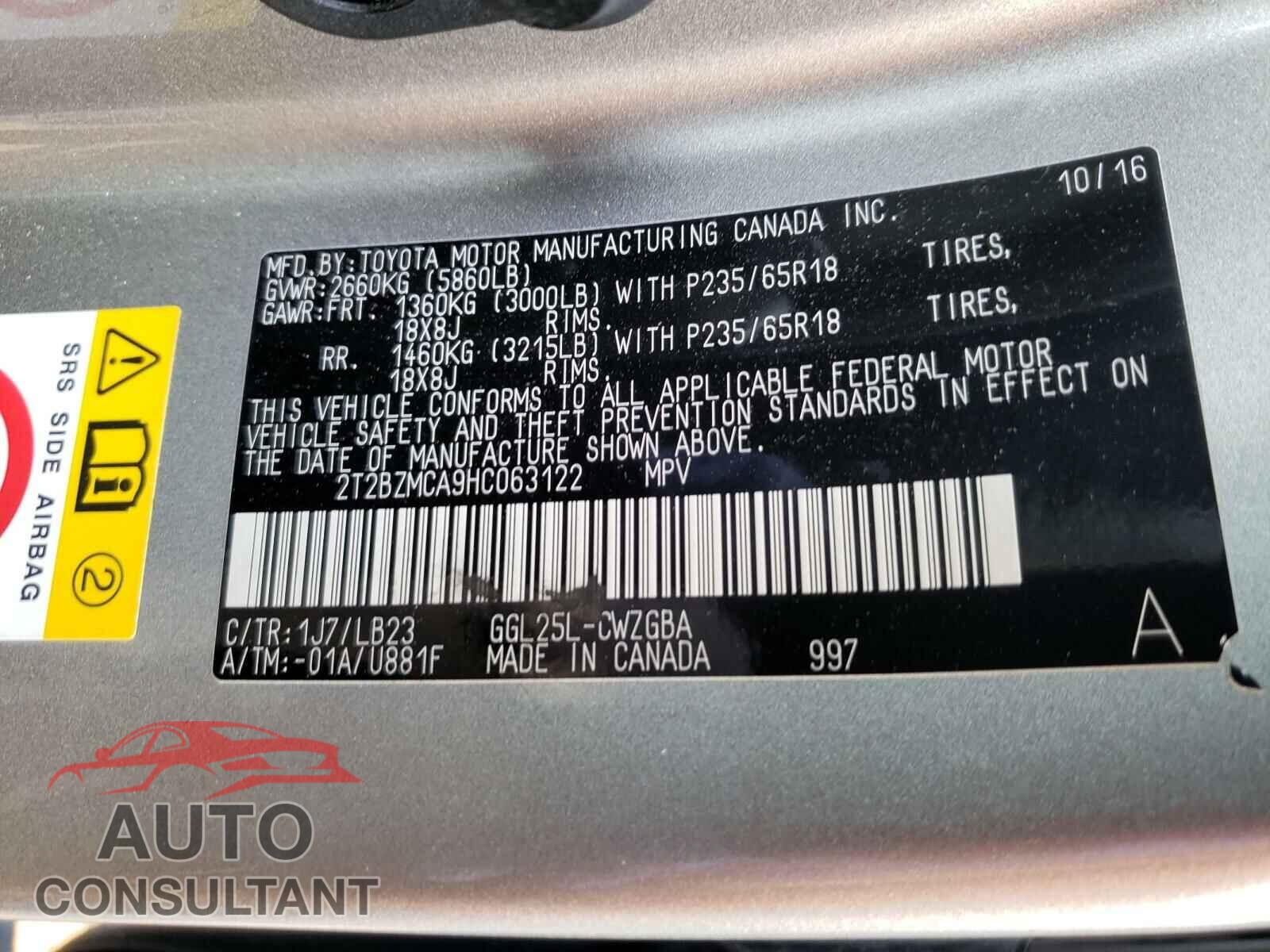 LEXUS RX350 2017 - 2T2BZMCA9HC063122