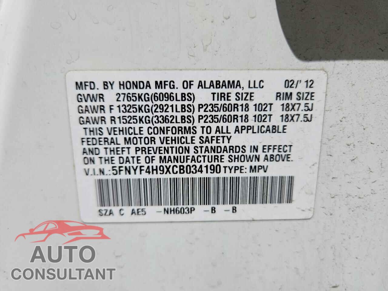 HONDA PILOT 2012 - 5FNYF4H9XCB034190