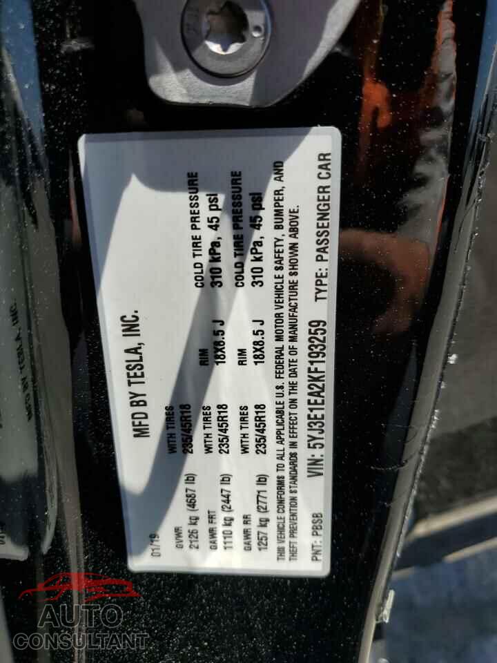 TESLA MODEL 3 2019 - 5YJ3E1EA2KF193259