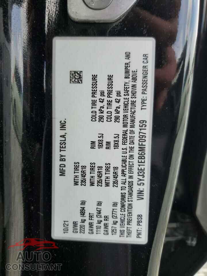 TESLA MODEL 3 2021 - 5YJ3E1EB6MF097159