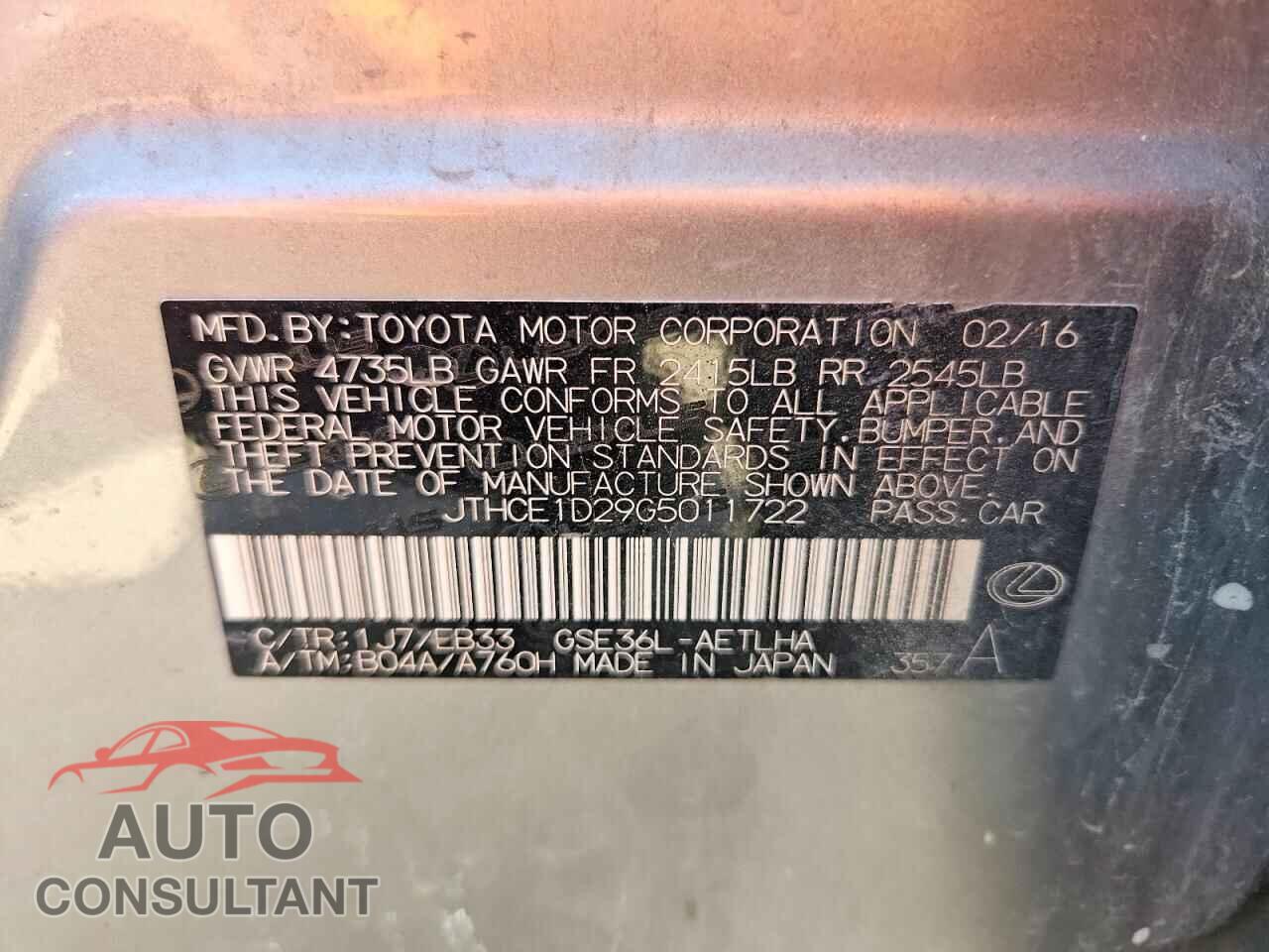 LEXUS IS 2016 - JTHCE1D29G5011722