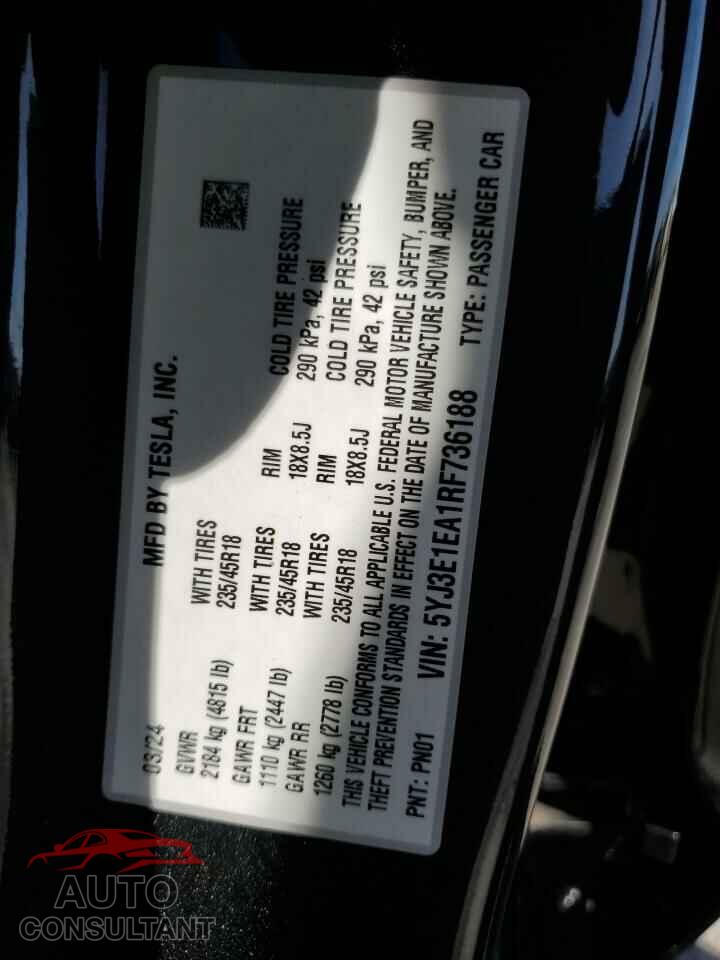 TESLA MODEL 3 2024 - 5YJ3E1EA1RF736188