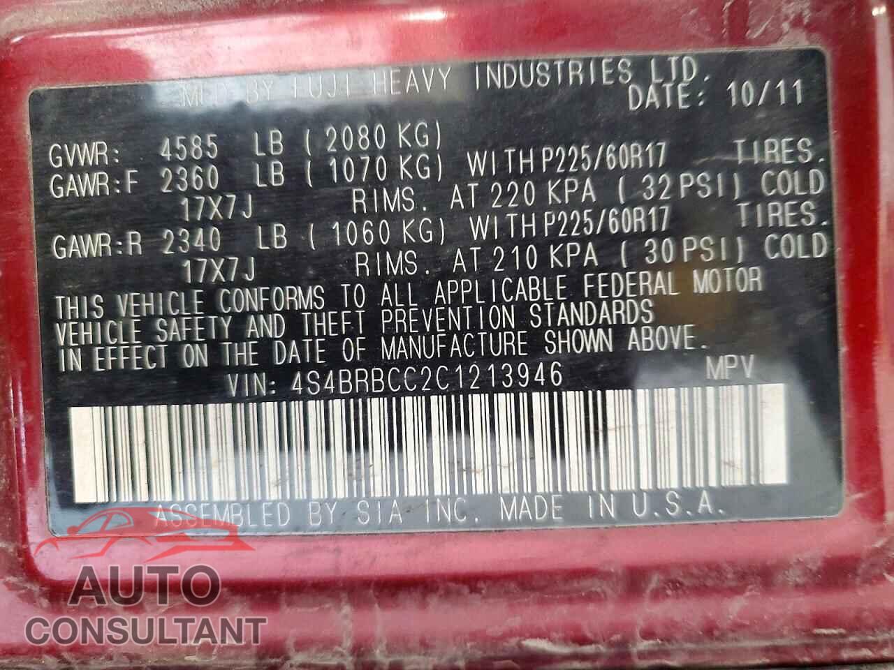 SUBARU OUTBACK 2012 - 4S4BRBCC2C1213946