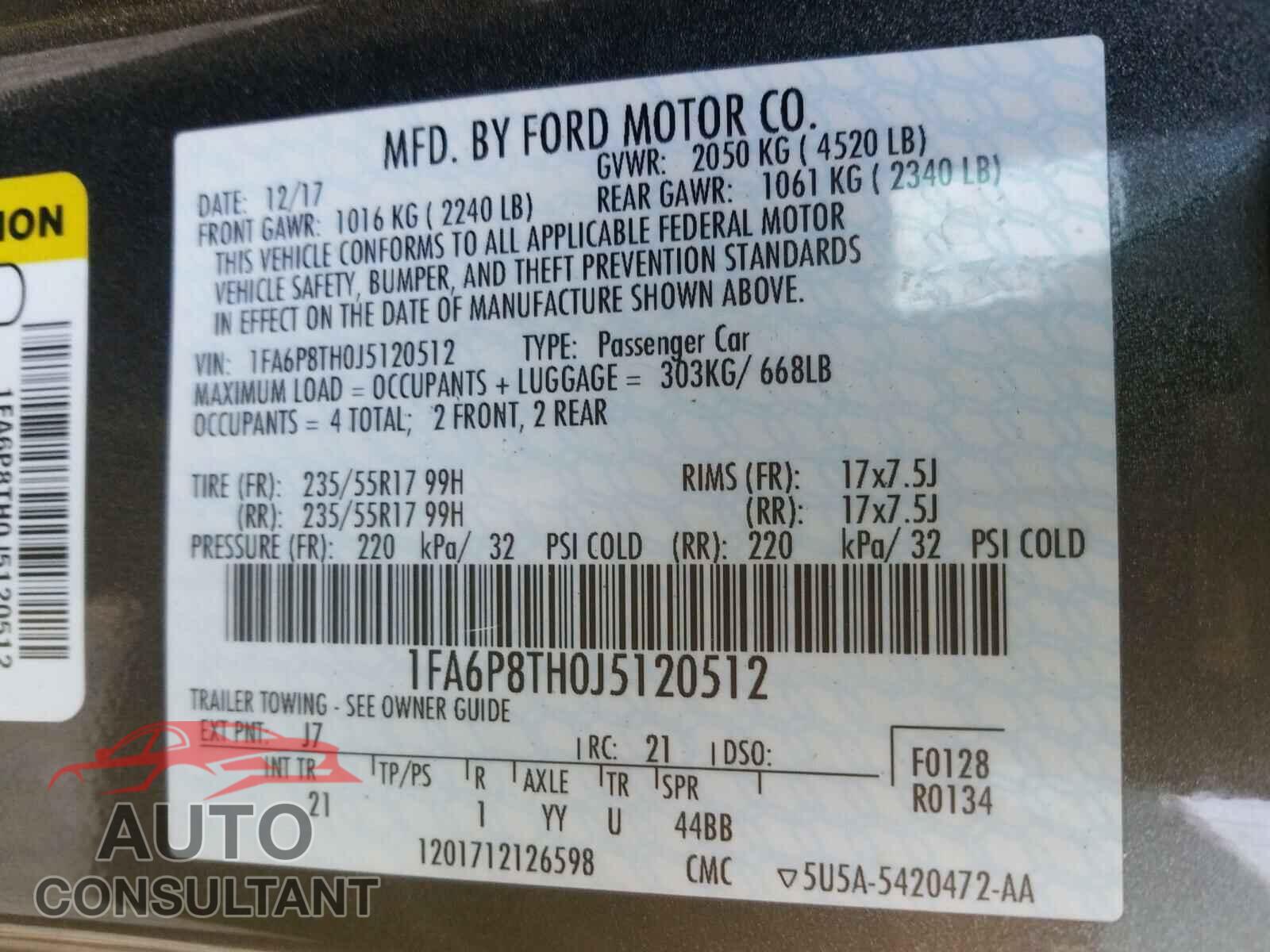 FORD MUSTANG 2018 - 1FA6P8TH0J5120512