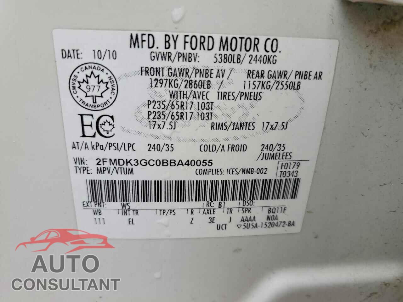 FORD EDGE 2011 - 2FMDK3GC0BBA40055