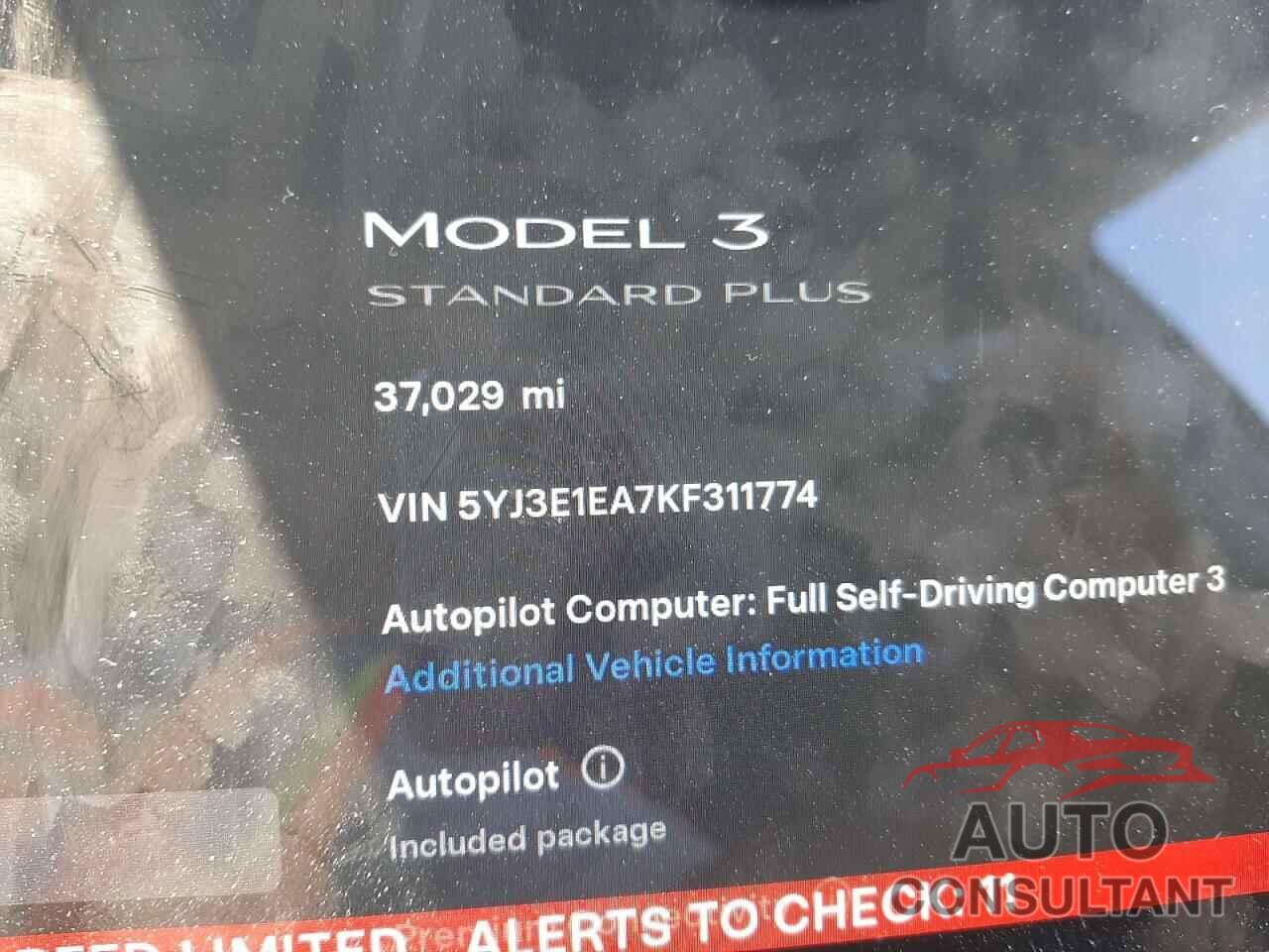 TESLA MODEL 3 2019 - 5YJ3E1EA7KF311774