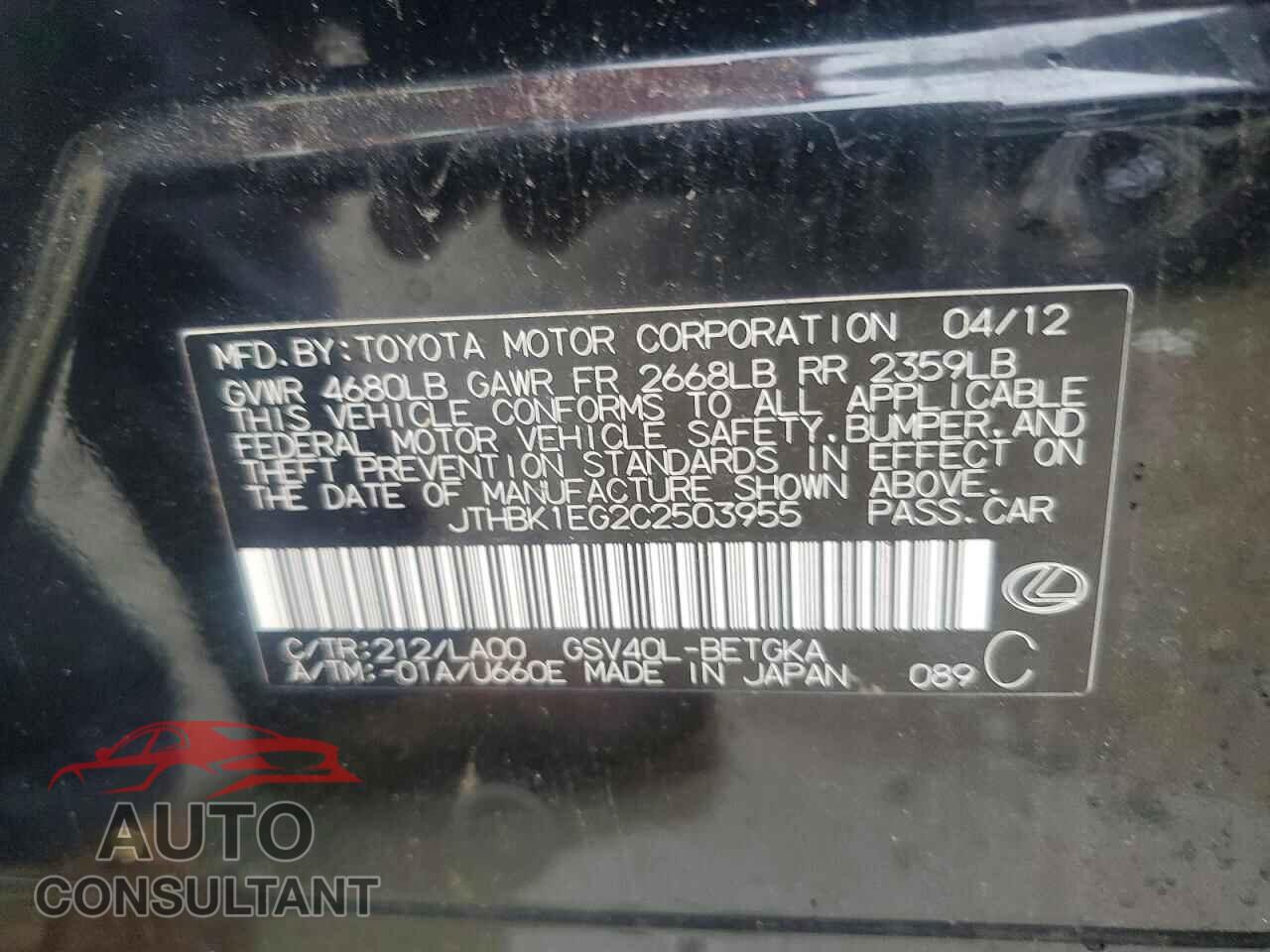 LEXUS ES350 2012 - JTHBK1EG2C2503955