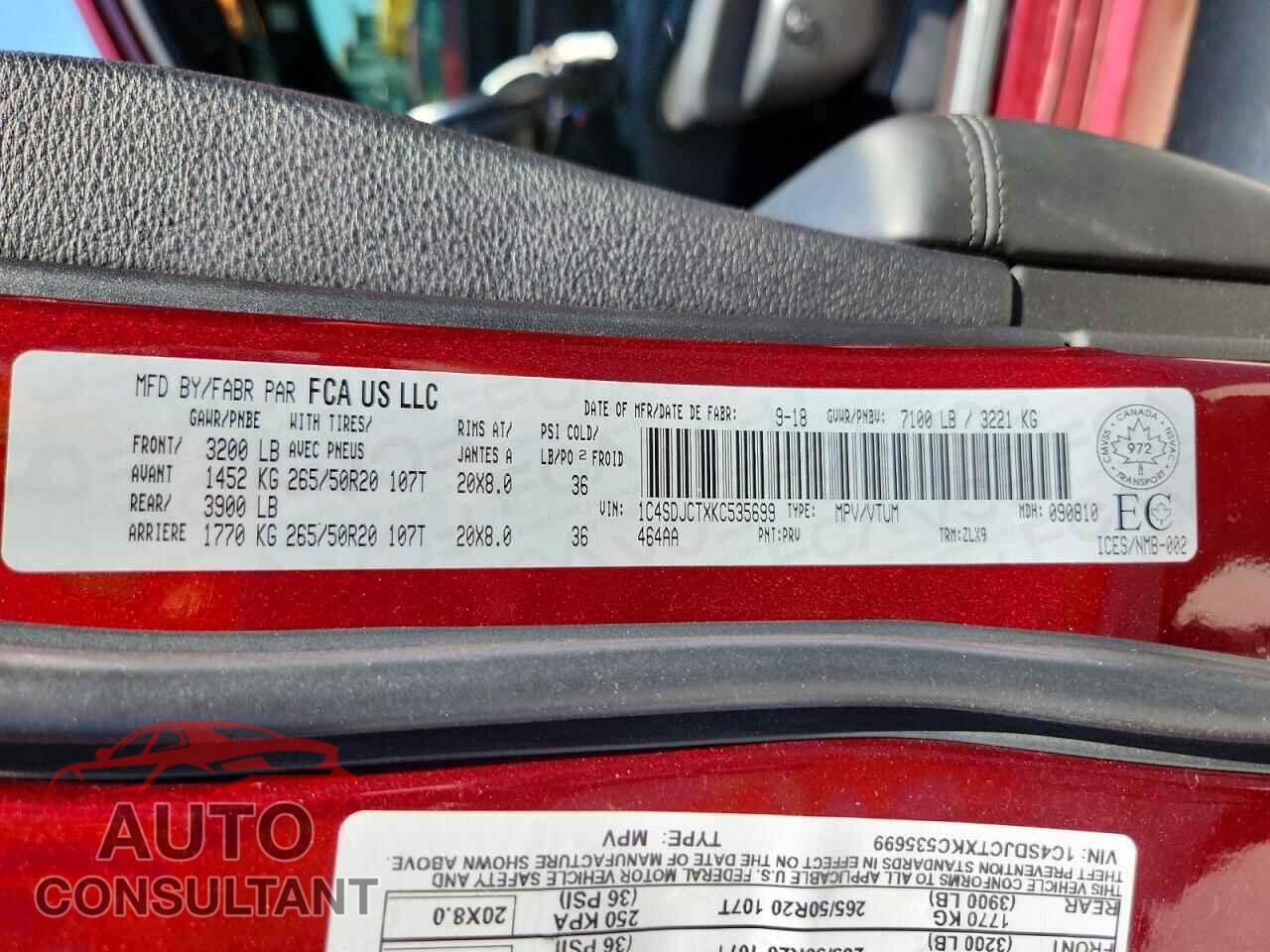 DODGE DURANGO 2019 - 1C4SDJCTXKC535699