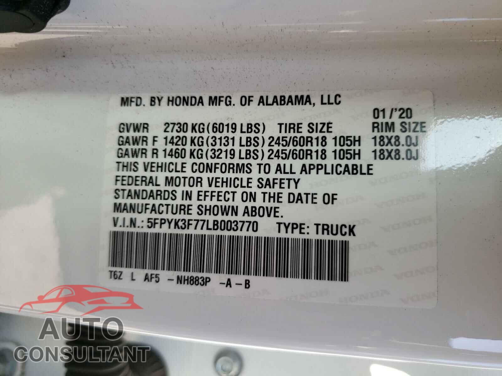 HONDA RIDGELINE 2020 - 5FPYK3F77LB003770