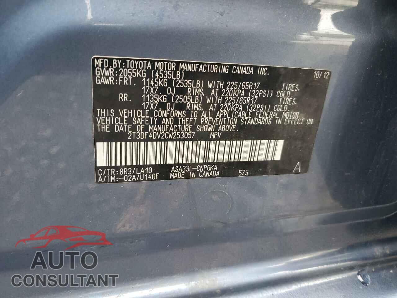 TOYOTA RAV4 2012 - 2T3DF4DV2CW253057