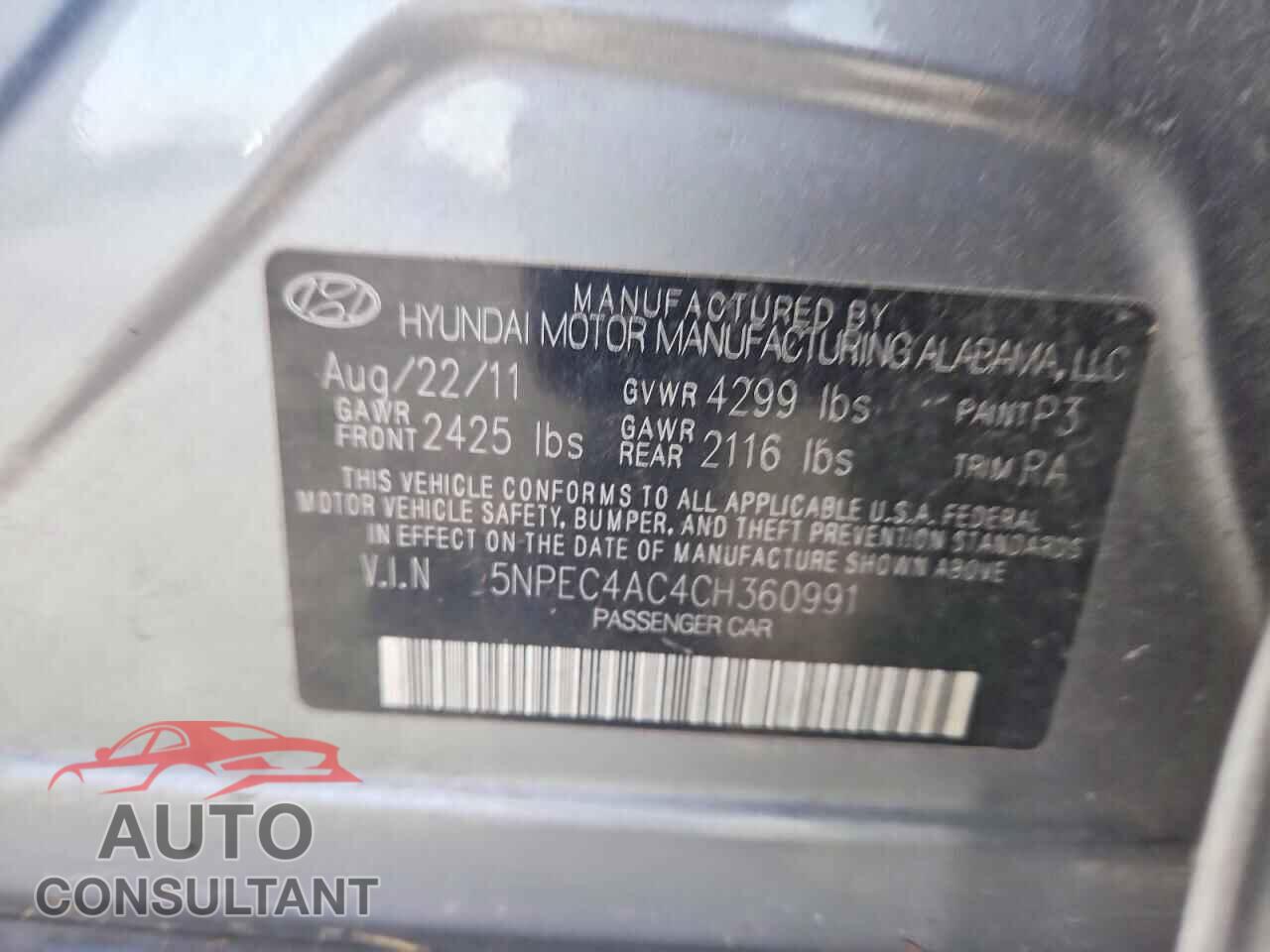 HYUNDAI SONATA 2012 - 5NPEC4AC4CH360991