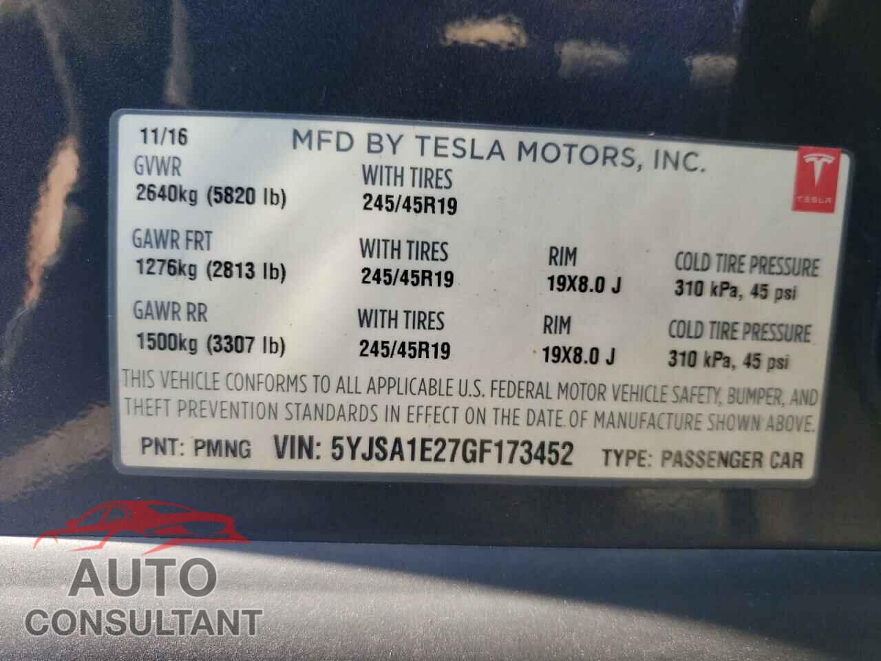 TESLA MODEL S 2016 - 5YJSA1E27GF173452