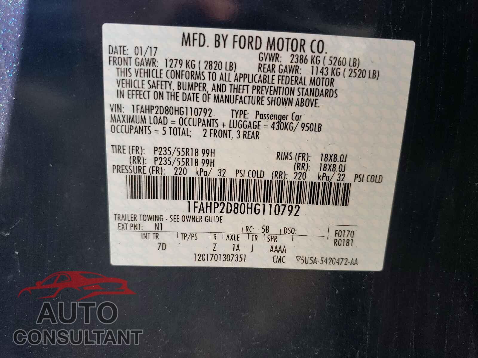 FORD TAURUS 2017 - 1FAHP2D80HG110792