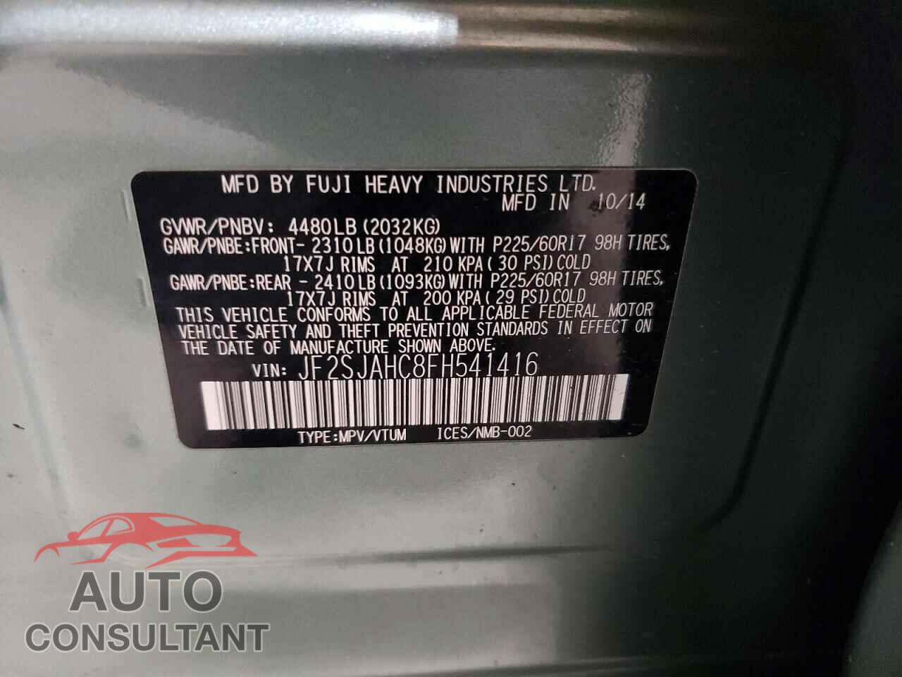 SUBARU FORESTER 2015 - JF2SJAHC8FH541416