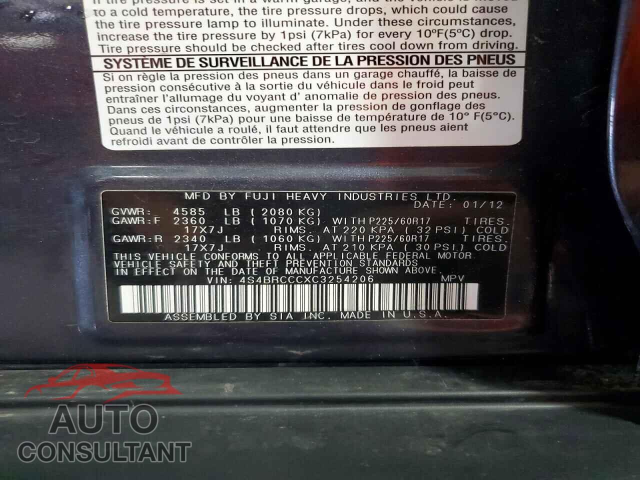 SUBARU OUTBACK 2012 - 4S4BRCCCXC3254206