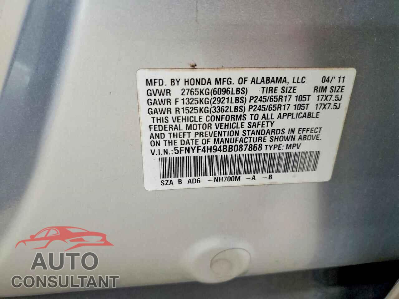 HONDA PILOT 2011 - 5FNYF4H94BB087868