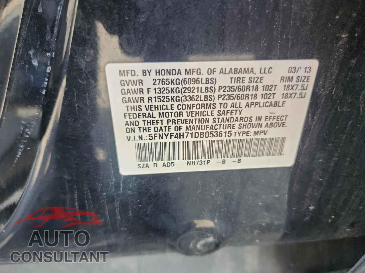 HONDA PILOT 2013 - 5FNYF4H71DB053615