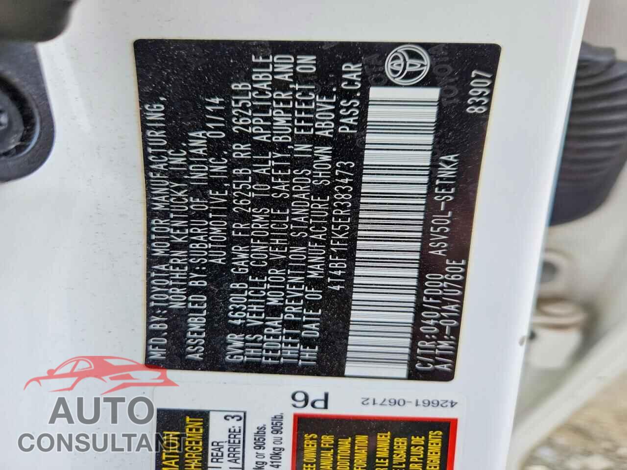 TOYOTA CAMRY 2014 - 4T4BF1FK5ER383473