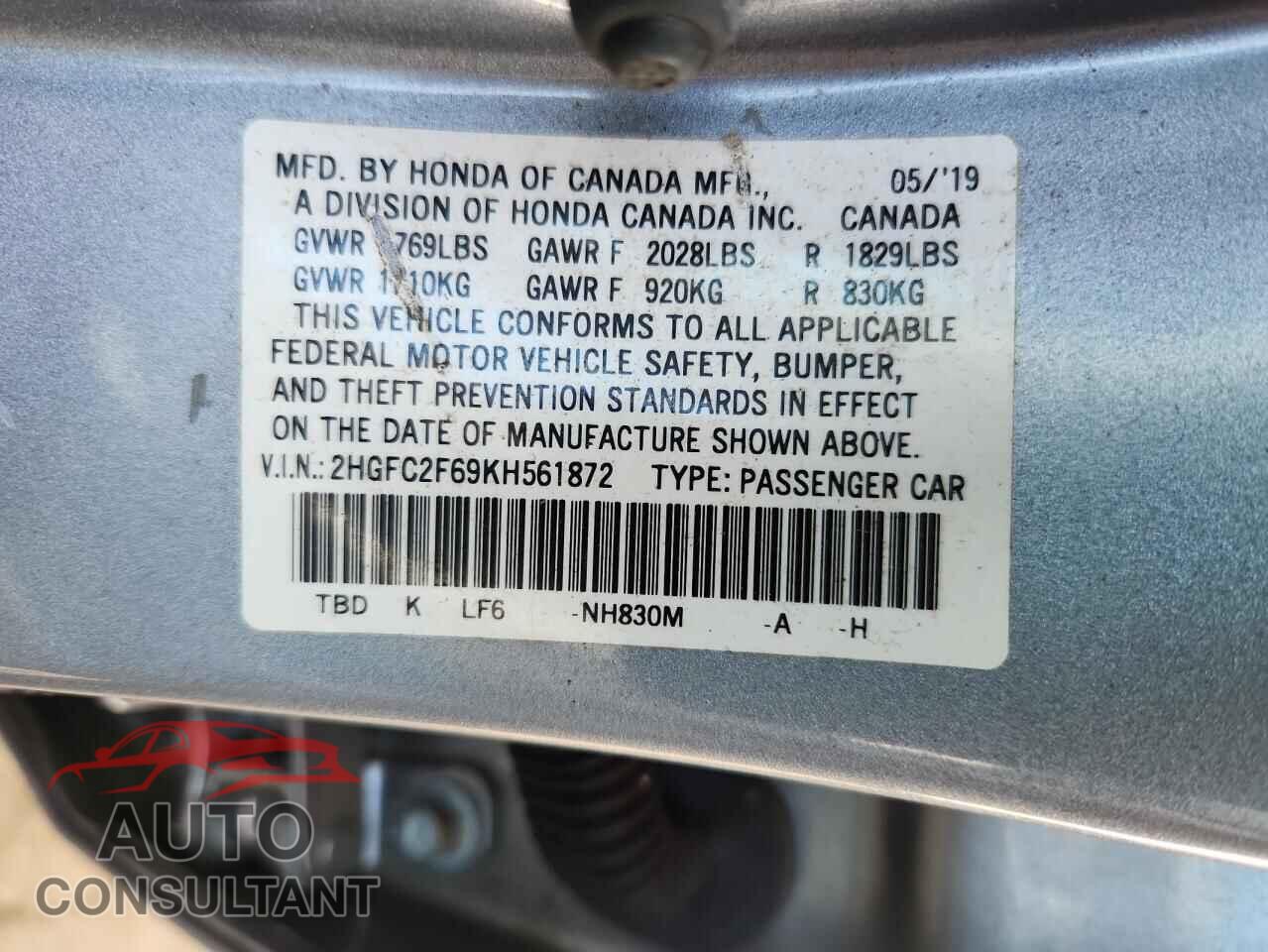 HONDA CIVIC 2019 - 2HGFC2F69KH561872