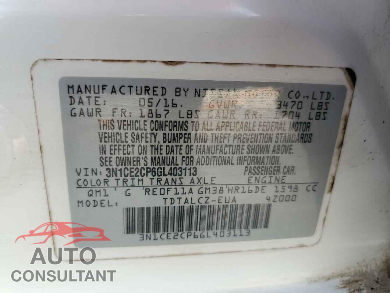 NISSAN VERSA 2016 - 3N1CE2CP6GL403113