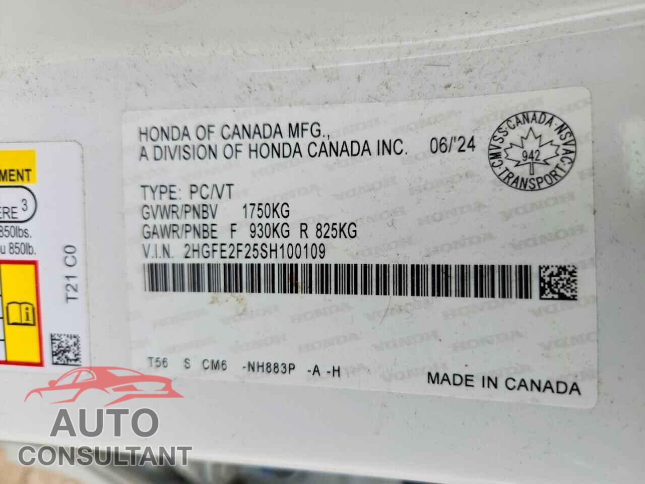 HONDA CIVIC 2025 - 2HGFE2F25SH100109