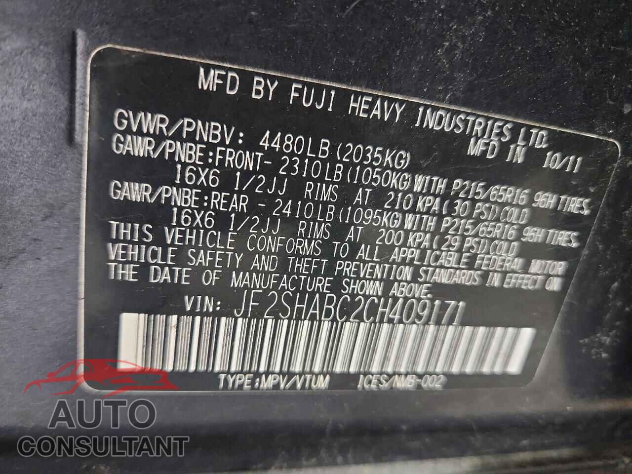 SUBARU FORESTER 2012 - JF2SHABC2CH409171