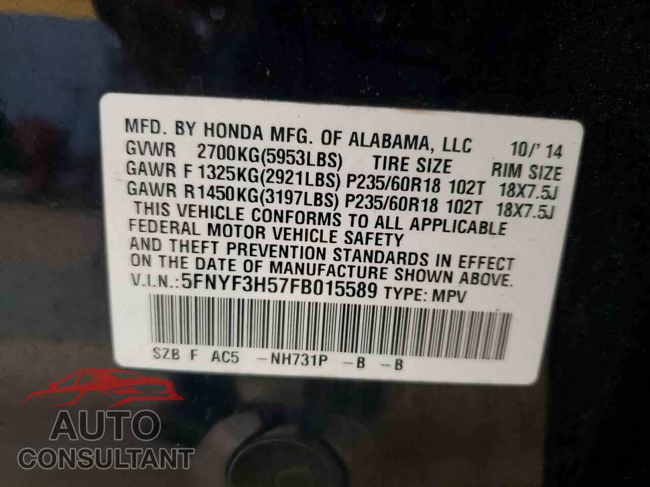 HONDA PILOT 2015 - 5FNYF3H57FB015589