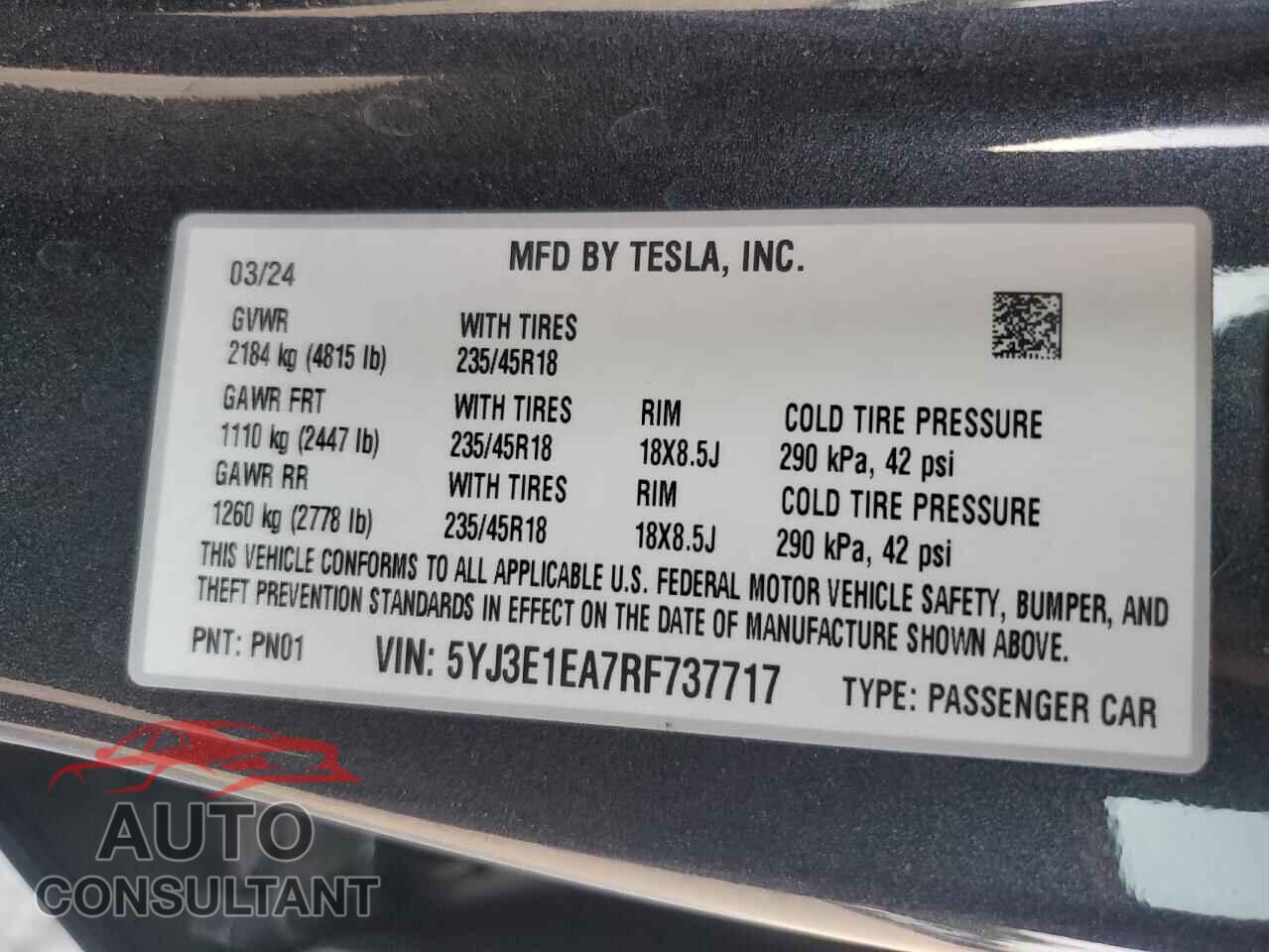 TESLA MODEL 3 2024 - 5YJ3E1EA7RF737717