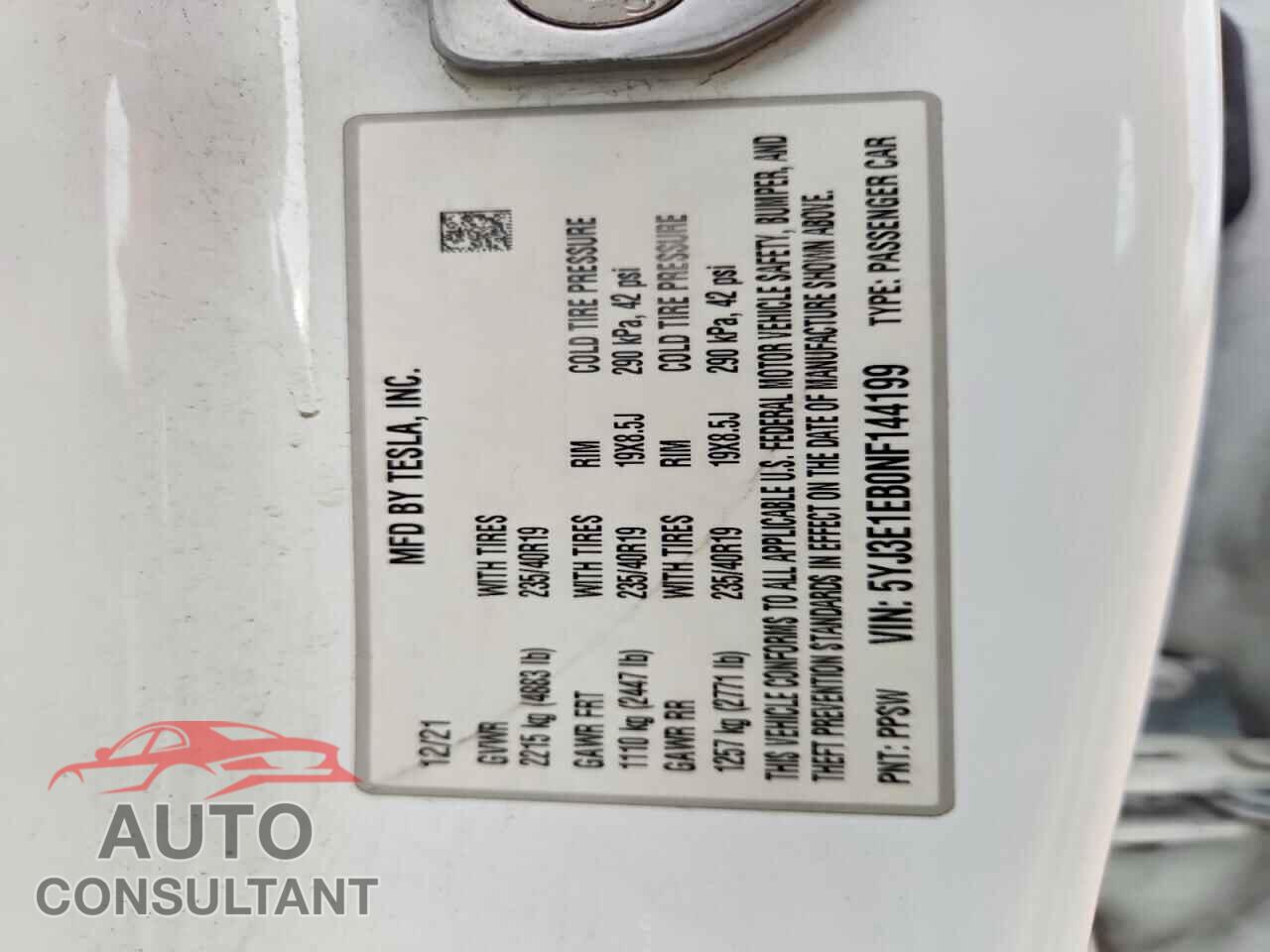 TESLA MODEL 3 2022 - 5YJ3E1EB0NF144199