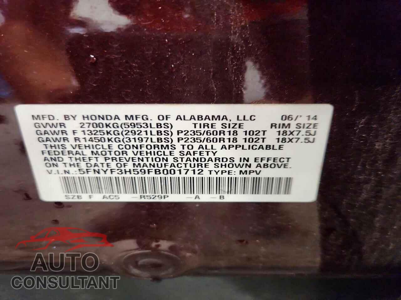 HONDA PILOT 2015 - 5FNYF3H59FB001712