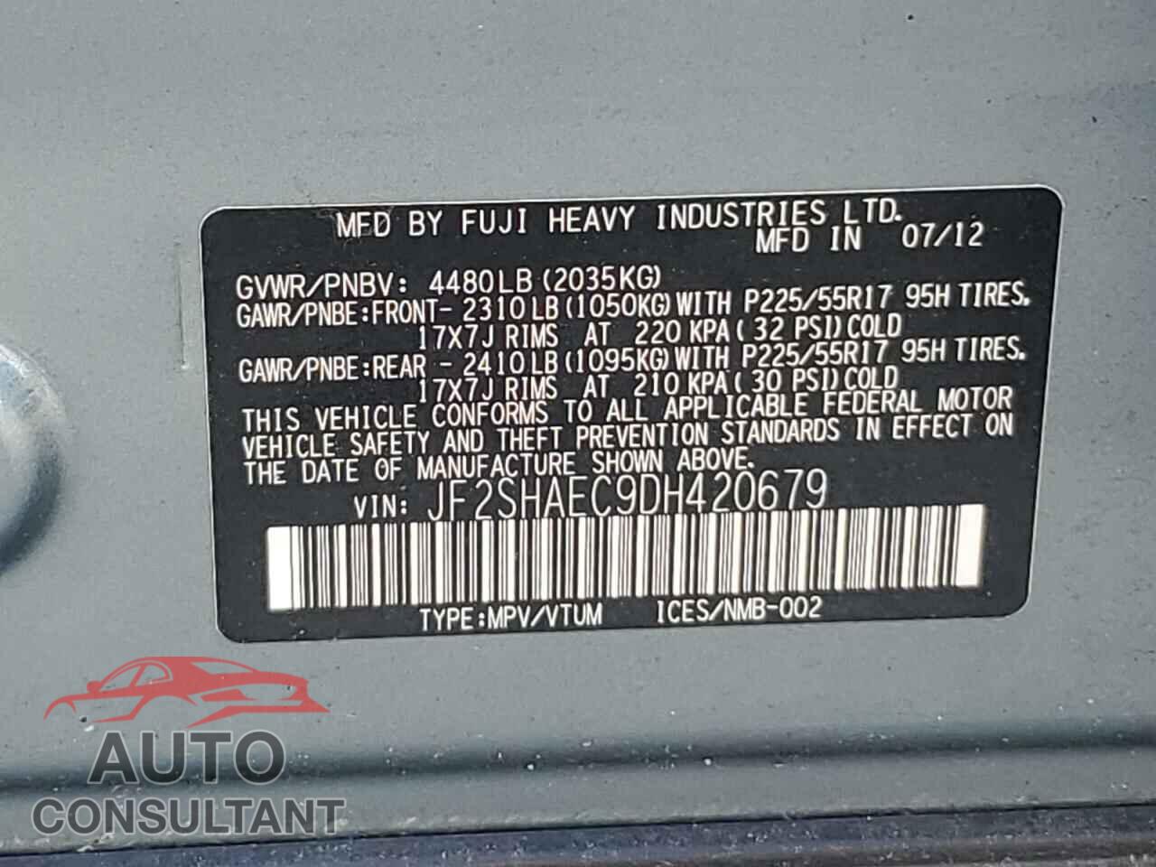 SUBARU FORESTER 2013 - JF2SHAEC9DH420679