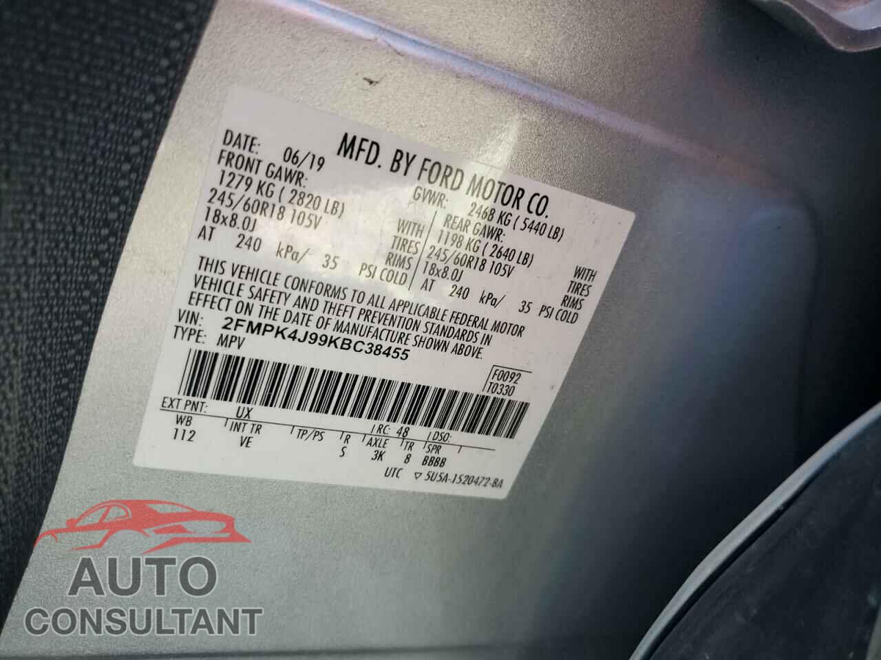 FORD EDGE 2019 - 2FMPK4J99KBC38455