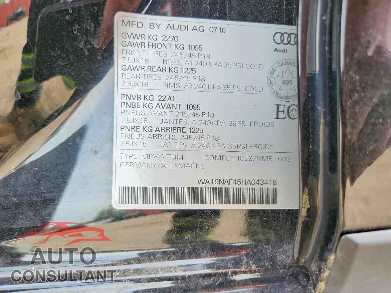 AUDI A4 2017 - WA19NAF45HA043418