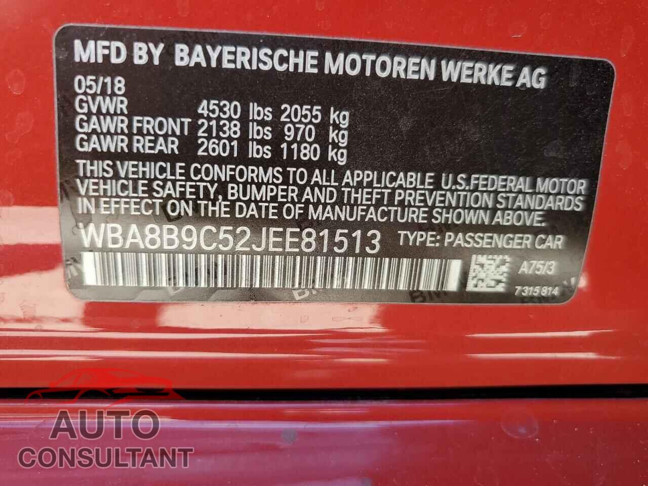 BMW 3 SERIES 2018 - WBA8B9C52JEE81513