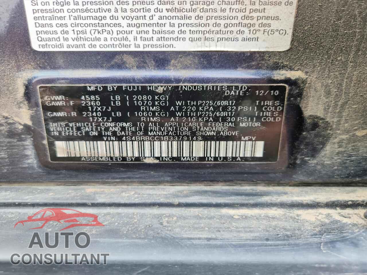SUBARU OUTBACK 2011 - 4S4BRBCC1B3379149