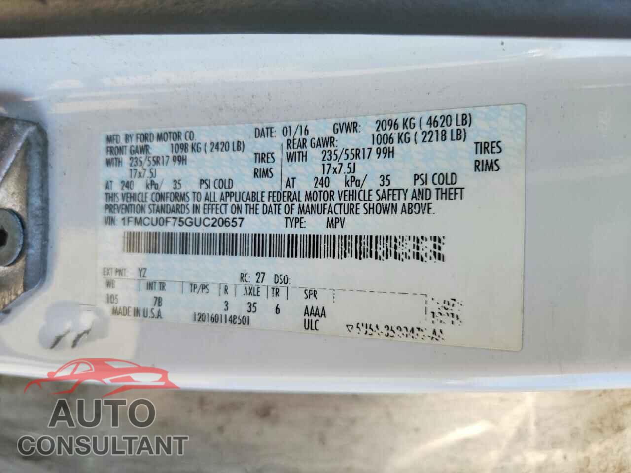 FORD ESCAPE 2016 - 1FMCU0F75GUC20657