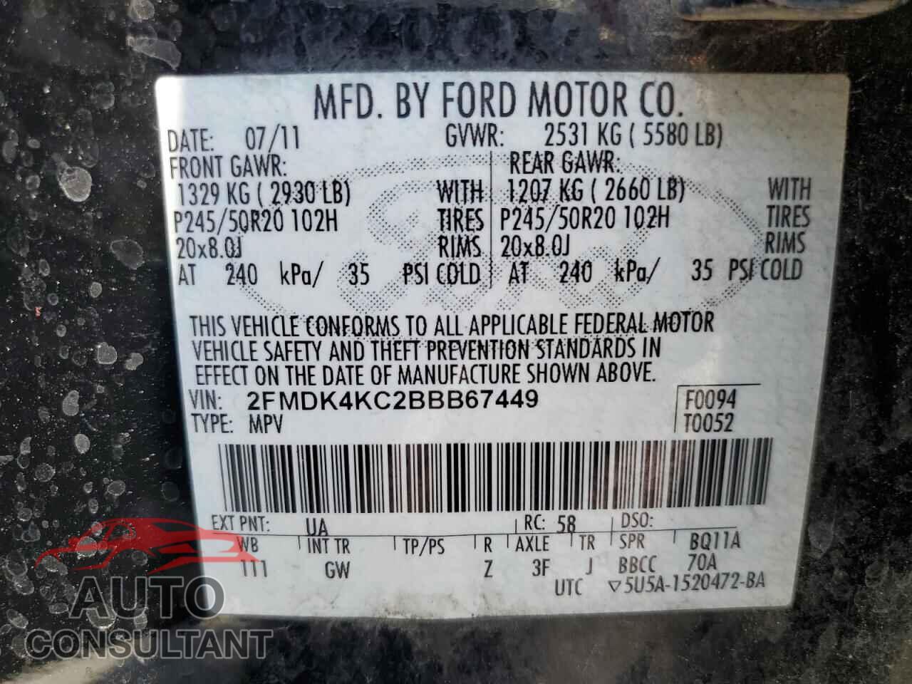 FORD EDGE 2011 - 2FMDK4KC2BBB67449