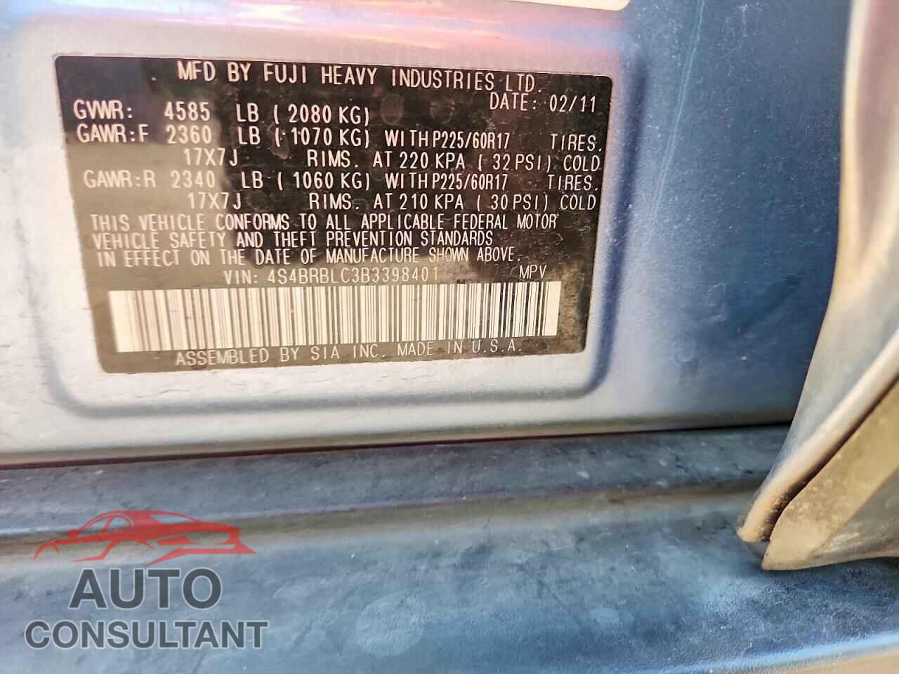 SUBARU OUTBACK 2011 - 4S4BRBLC3B3398401