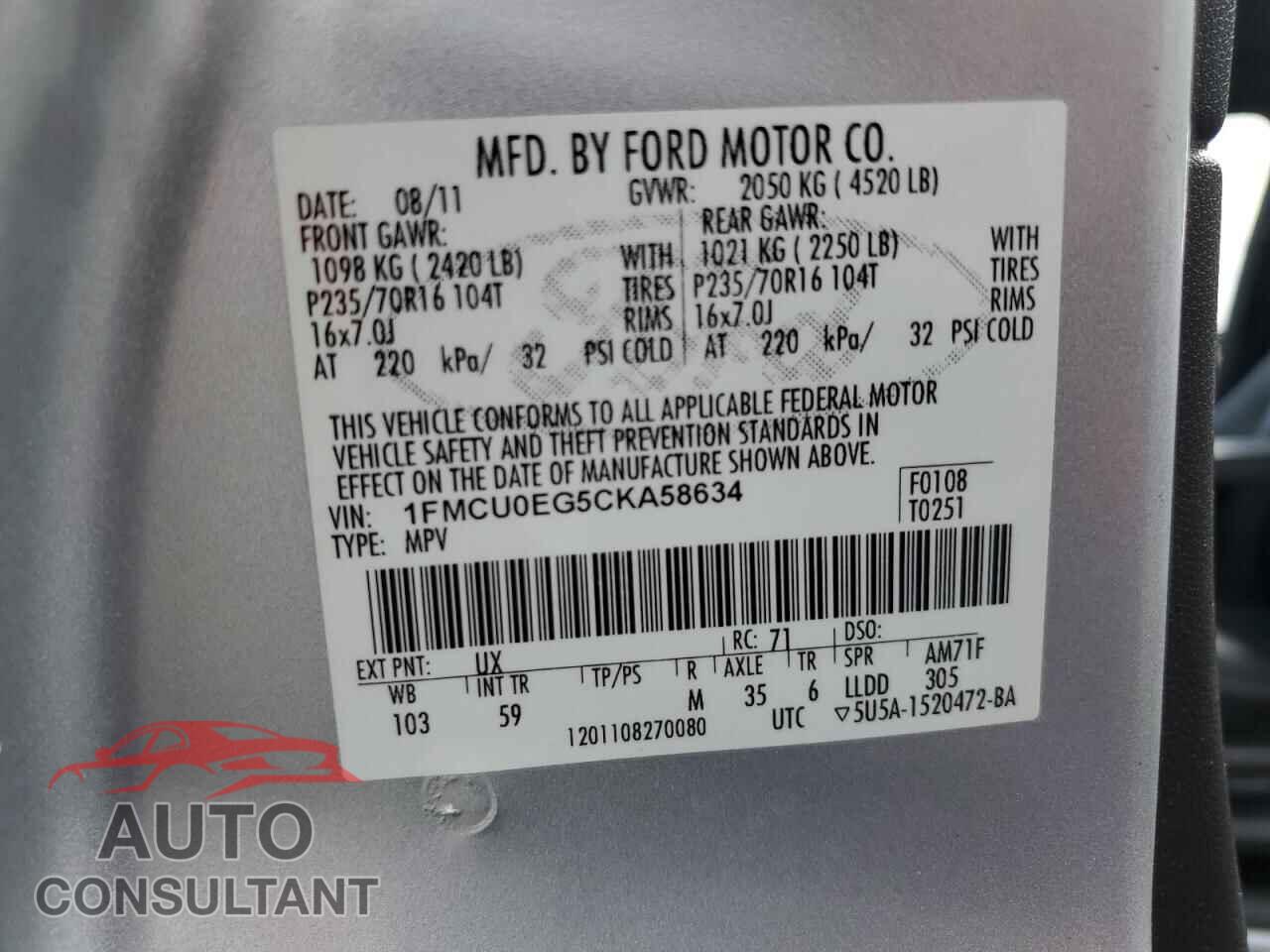 FORD ESCAPE 2012 - 1FMCU0EG5CKA58634